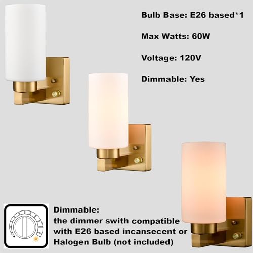 Image of DEYNITE Modern Plug in & Hardwired Wall Sconce Brass Bathroom Vanity Light | Set of 2 Wall Mounted Light with milky white glass shade rotary on /off dimmable switch for bathroom bedroom