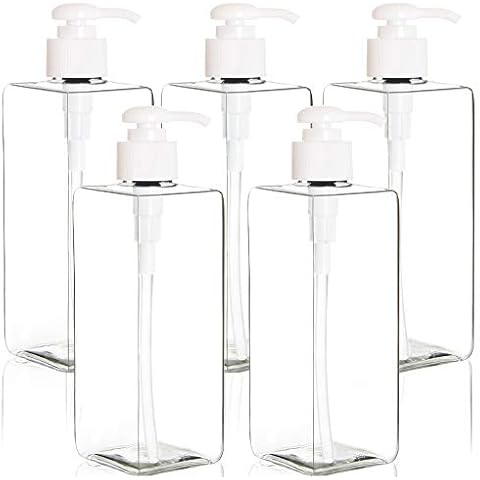 Youngever 5 Pack 16 Ounce Plastic Pump Bottles, Refillable Square Plastic Pump Bottles for Dispensing Lotions, Shampoos and More (Clear) Cover