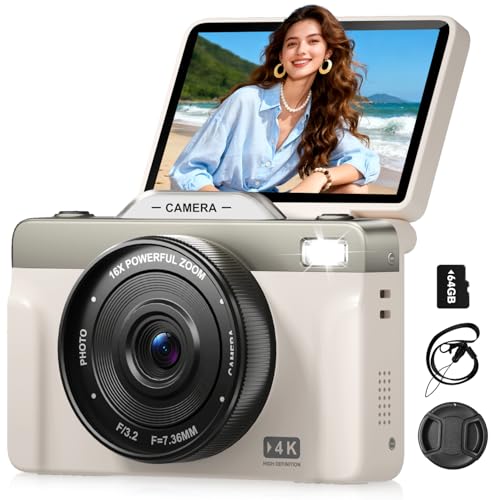 4K 64MP Digital Cameras for Photography, 16X Zoom Autofoucs Vlogging Camera for YouTube with 180° Flip Screen, Compact Vlog Travel Camera Kit for Beginner, Teens (Beige)