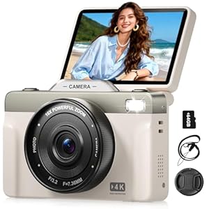 4K Digital Cameras for Photography, 64MP Autofoucs Vlogging Camera for YouTube with 3″ 180° Flip Screen,16X Zoom Compact Travel Camera for Beginners Teens with 64GB Card (White)