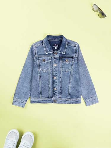 Image of KiddoPanti Boys Denim Jacket | Cotton Poly Blend with Spandex | Washed Denim, Full Sleeve | Button Closure & Front Flap Pockets | Collared Neck