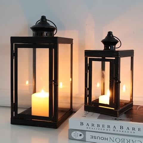 DECORKEY Large Lantern Decorative Outdoor & Indoor, Set of 2 (14’’&10’’) Metal Candle Lanterns Decor, Vintage Hanging Candle Holder for Front Porch Patio Wedding Farmhouse Home, Spring Decoration Cover
