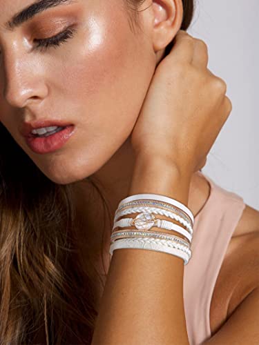 Stackable Leather Cuff Bracelets For Women Multilayer Leather Wrap Bracelets Clasp Bangle Bracelet For Men Bohemian Wristband Jewelry Gift (White A) #TOP1