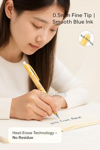 Image of KiddieWorld Creamy Beaar Erasable Gel Pens Set of 12 | 0.5 mm Fine Tip Blue Ink | Heat Erase Technology | Soft Grip | Cute Pens for Kids, Students & Office Use