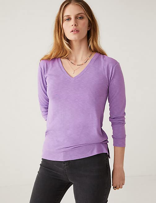 Image of Marks & Spencer Per UNA Womens Solid Modal Blend V-Neck Regular Fit Long Sleeve Top