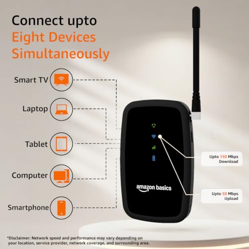 Image of Amazon Basics 4G LTE Wireless Dongle with Antenna, 3800 mAh Rechargeable Battery, All Network SIM Support, Up to 150 Mbps 2.4 GHz Wi-Fi for up to 8 Devices, SD Card Slot, Type-C Charging (Black)