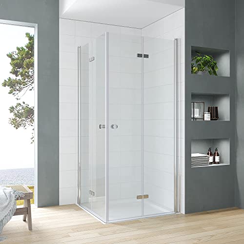Duschkabine Eckeinstieg 90x75 x 187 cm mit Falttüren Drehfalttüren Schwingtüren Drehtüren Eckdusche Duschwand Glas Duschabtrennung rahmenlos für Duschwanne oder Bodengleiche Dusche Echtglas klar 5 mm