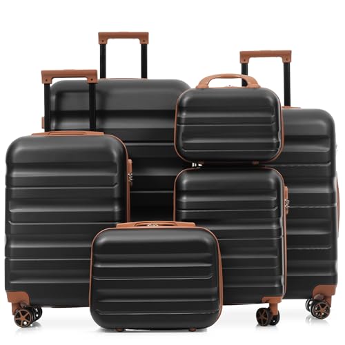 Campfun 6 Piece Luggage Sets, ABS Hardshell Suitcase Set with Double Spinner Wheels, Durable Lightweight Carry On Luggage for Travel & Business, 12/14/16/20/24/28 inch, Black