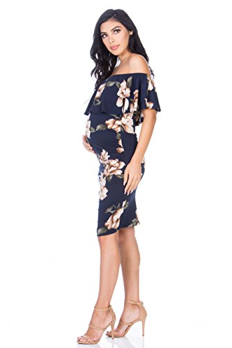 My Bump Womens Off Shoulder Maternity Dress - Ruched Ruffle Off Shoulder Baby Shower Pregnancy Dress (Made In Usa) (Medium, Navy Flower) #TOP2