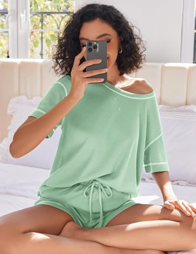 Image of Ekouaer Women's Waffle Knit Two Piece Lounge Set, Soft Matching Outfits for Daily Wear, Casual Shorts Set with Pocket