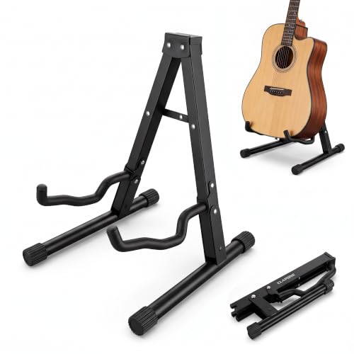 Image of VERAT Folding Guitar Stand | Heavy Duty Universal A-Frame Guitar Stand for Acoustic, Electric, Bass & Ukulele | Portable Foldable Floor Stand with Soft Foam Padding & Anti-Slip Rubber Feet | Black
