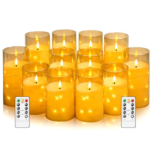 Image of kakoya Flameless LED Candles with Timer 12 Pc Flickering Flameless Candles for Romantic Ambiance and Home Decoration Stable Acrylic Shell,with Embedded Star String,Battery Operated Candles(Gold)