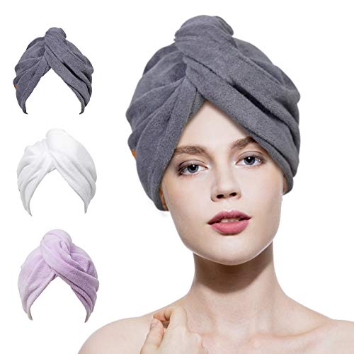 Lovife 3 Pack Microfiber Hair Towel Wrap 11inch X 26 inch Quick Drying Absorbent Hair Towels Turban Long Curly Hair Anti-Frizz for Women (Yellow and Grey)