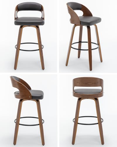 Image of AQG Swivel Bar stools Set of 3 Bar Chairs 26 inch Counter Height Mid-Century Modern Bentwood Barstool PU Leather Upholstered Bar Chair with Back and Footrest, for Bar, Cafe, Dining, Kitchen Island, Brown