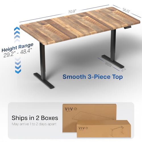 Image of VIVO Reclaimed Wood 71 x 36 in Standing Desk, DESK-KIT-1B7P-36 | Electric, Holds 220 lbs, Sit Stand, Height Adjustable, Extra Deep Table Top, Memory Presets, 1B Series, Black Frame