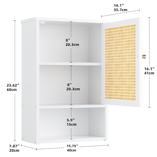Botiquín de baño para pared, organizador de almacenamiento sobre el inodoro de bambú con puertas de ratán y estante ajustable, gabinete de medicinas ahorrador de espacio para lavandería, cocina y sala de estar (blanco) miniatura 3