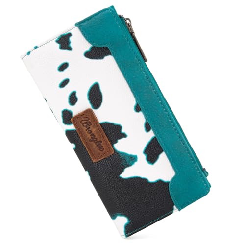 Image of Montana West Wrangler Cow Print Wallets Womens Bifold Credit Card Wallet Women's Wallets, Card Cases & Money Organizers Turquoise Wallet for Women Ladies Female Cash Wallet with Smooth Zipper