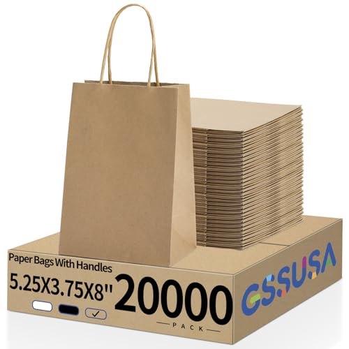 GSSUSA Paper Gift Bags 5.25x3.75x8 Inch 20000 Pack, Valentine's Day Gift Wrap Bags with Handles, Brown Kraft Paper Bag for Small Business, Heavy Duty Bulk, for Birthday Party Favors, Shopping, Retail