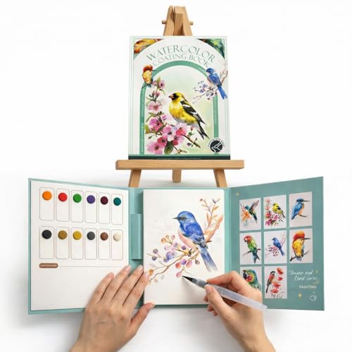 2026 Breathly Stress Relief Watercolor Books Painting Kit, All-in-One DIY Watercolor Art Kit, Paint-with-Water Portable Painting Art Book with 12-Color Pigment Dot Card & Water Brush Pen, Tri-Fold Pocket Painting Set, Relaxing Creative Kit for Beginners & Adults (Flowers and Birds)