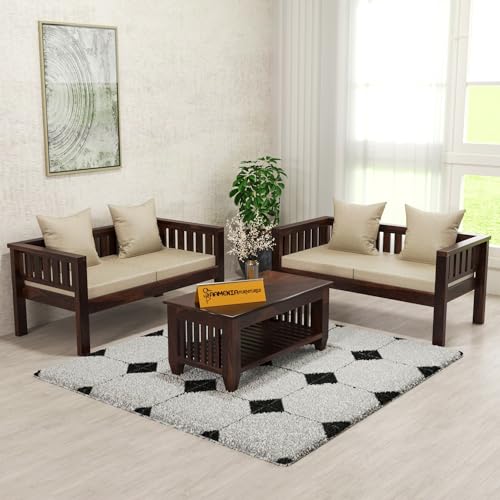 Image of Sheesham Wood 4 Seater Low Height Sofa Set for Living Room | 4 Seater Sofa Set | Wooden Sofa Set | Beige Cushion (2+2, Walnut Finish)