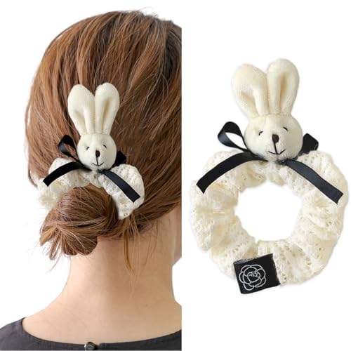 白髪シュシュ かわいいウサギのヘアタイ 女性用 イースターヘアタイ ホワイトバニー付き かわいいぬいぐるみ ウサギのポニーテールホルダー 女の子向け イースターパーティー コスプレ コスチューム 動物のヘアアクセサリー 1個