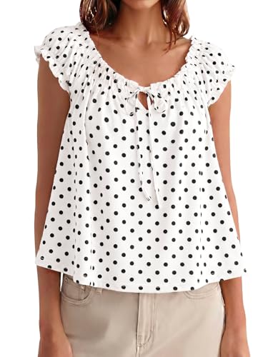 Image of Tankaneo Women Summer Tie Front Tank Tops Cap Sleeve Pleated Babydoll Tops Casual Loose Fit Going Out Flowy Shirt