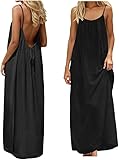 nnOuOnn Robe caraco dos nu pour femme d'été 2026 sans manches, longue robe d'été décontractée, robe d'été fluide à dos ouvert pour les vacances, la plage, la maison, couleur unie, Noir , L