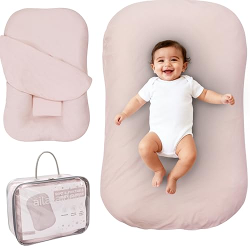 Image of Aila + Aiden Baby Lounger | Organic Cotton Infant Lounger | Adjustable & Portable Floor Lounger | Supervised Use | Soft, Breathable, Washable Cover - Snuggle Collection - (Pink)