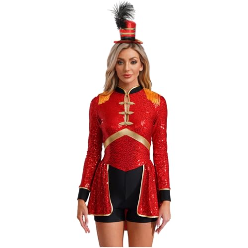 renvena Disfraz de circo brillante para mujer, con diadema, Halloween, carnaval, fiesta temática, disfraz rojo, M