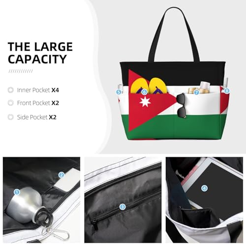 Jordanian Flag Extra Large Tote Bag For Women,Foldable Beach Bag With Pocket Weekender Travel Overnight Bag3