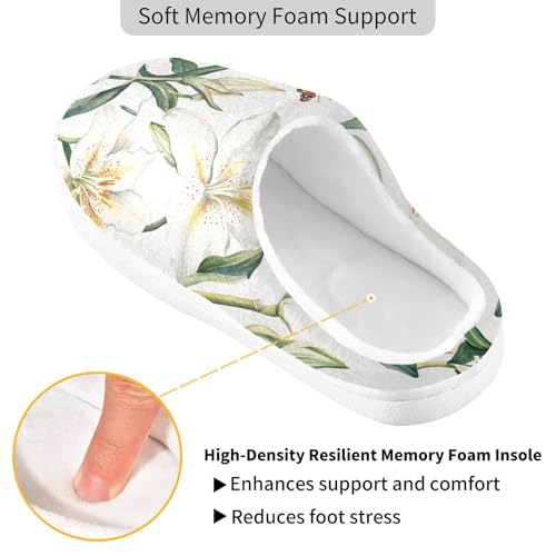 JUNZAN Vintage Lily White Mens House Cotton Slipper Closed Toe Memory Foam Ladies Slippers for Hotel Funny Presents 6-72