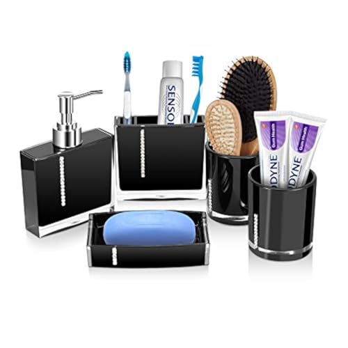Accesorios Baño,Juego de Accesorios para Baño de diseño de 5 Piezas, Botellas de loción, Soporte para Cepillo de Dientes, Taza para Dientes, jabonera, Cepillo de baño