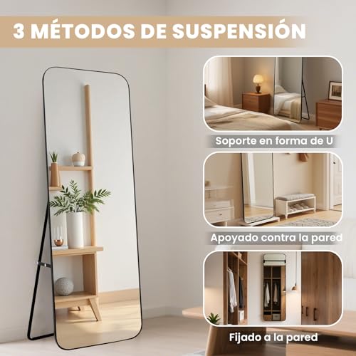 Miniatura 6 de Echolymtt Espejo De Pie 155x55cm Negro Cuadrado En Vidrio Templado, Diseño Moderno, Espejo Grande Para Sala, Dormitorio Y Baño