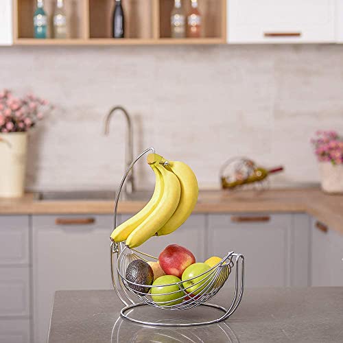 Wetheny Fruit Basket With Banana Hanger, Fruit Bowl For Kitchen Counter,Banana Holder With Hanging Storage Basket, 2 Tier Detachable, Chrome #TOP3