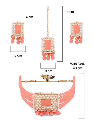 Image of ZAVERI PEARLS Peach Multistrand Beaded Choker Necklace Earring Maangtikka & Ring Set For Women-ZPFK14144