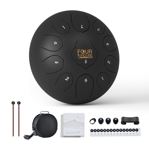 FOUR UNCLES Rain Drum for Outside, Steel Tongue Drum -10 Inch 11 Notes - Hand Pan Drums with Travel Bag,Music Book & Mallets, Musical Instruments Gifts for Family and Friends