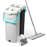 Mopficient 14L Dual-Chamber Flat Mop & Bucket Set, Clean & Dirty Water Separation, Hands-Free Self-Wringing, 15” Wide Head with EVA Squeegee, 4 Microfiber Pads, Stackable Design, Ergonomic