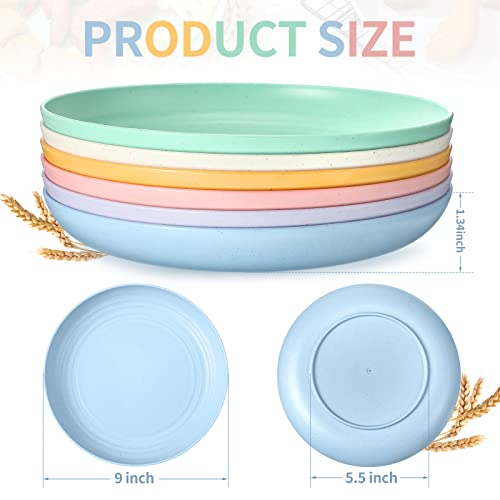 Mimorou 18 Pcs 9 Inch Wheat Straw Plates Lightweight Unbreakable Deep Dinner Reusable Plastic Microwave Safe Dinnerware For Kids Adult, 6 Colors, Yellow, Purple, Beige, Blue, Green, Pink #TOP5