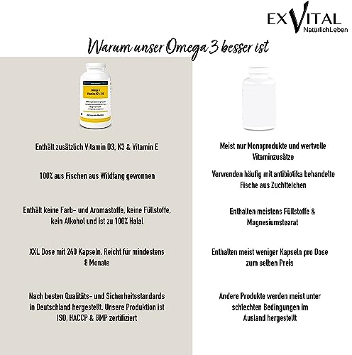 Vitamin D3, K2 und Omega 3 Softgel-Kapseln von EXVital, 240 Stück