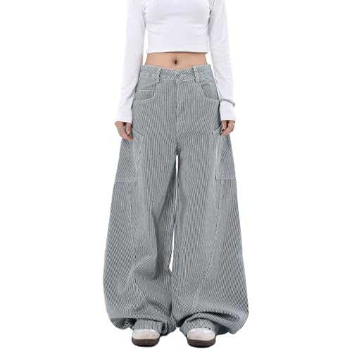 BXCNCKD Women's Retro Striped Jeans with Loose Wide Legs and Large Pockets Cargo Pants Y2K Curved Banana Jeans