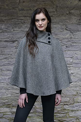 Mucros Weavers Ladies Plaid Poncho, Made in Ireland, 100% Irish Wool (Grey Herringbone)2