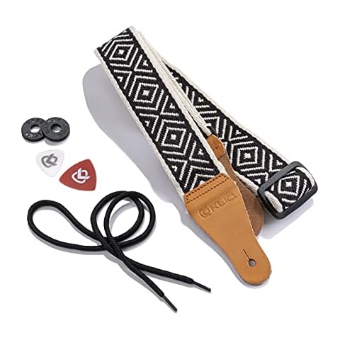 KLIQ Vintage Woven Guitar Strap for Acoustic and Electric Guitars + 2 Free Rubber Strap Locks, 2 Free Guitar Picks and 1 Free Lace | '60s Jacquard Weave Hootenanny Style | Woven Black Izod Cover