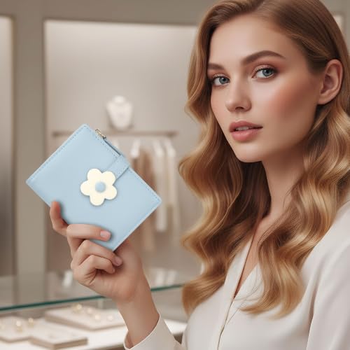 Image of Small Womens Wallet, Cute Bifold RFID Blocking Vegan Wallet for Teen Girls Ladies with Zipper Coin Pocket (Blue,Flower)