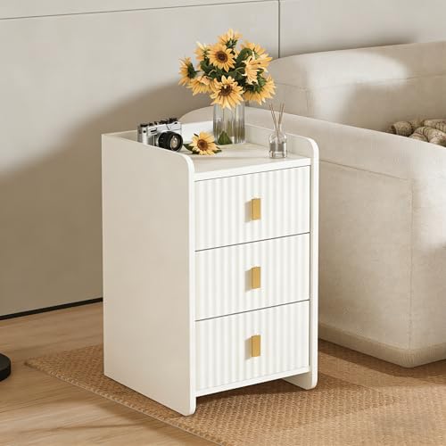 ESTUWD Mesita de noche con 3 cajones, mesitas de noche, mesilla de noche de madera con frente estriado, ahorra espacio y fácil de montar, mesita de noche para Bedroom Living Room (blanco) - imagen 7