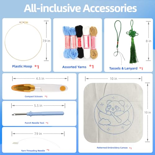 Image of Danvk Panda Punch Embroidery Kit with Embroidery Fabric, Hoop,Scissor,Punch Needle and Yarns, Hand Craft Gift,DIY Embroidery Kits, Hand Punch Needle Kit for Women and Beginners(Panda-Hanging)