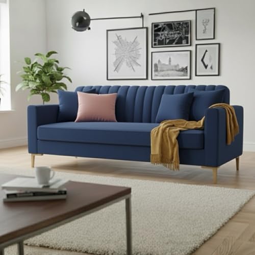 Image of 3 Seater Velum Fabric Sofa Set for Living Room, Modern Design with High Density Foam, Solid Wood Frame, Ergonomic Comfortable Seating for Home & Office (Blue, 3 Seater) | Soft foam comfort