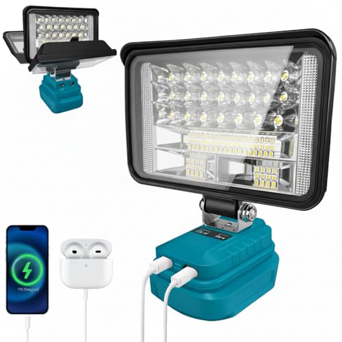 bycpower Akku Lampe für Makita 18V, 60W 5400LM Kabellose Arbeitsleuchte, 2 Modi LED Akku Strahler mit USB & Type-C Aufladung, Tragbares Flutlicht für Notfälle, Baustelle, Camping(kein Akku)