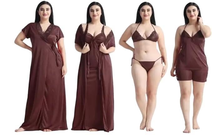 Image of Satin 6 Piece Nightwear Set, Coral Pink Lace Trim Sleepwear with Robe, Nighty, Top, Shorts, Lingerie Set for Women, Summer Collection-Mehndi Green.