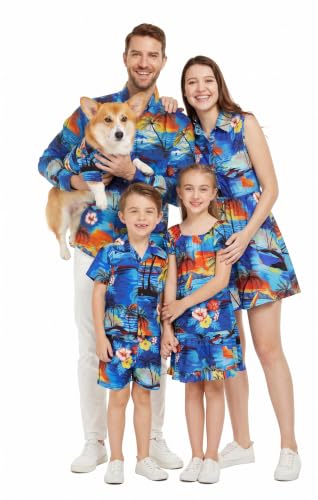 Image of Hawaii Hangover Family Matching Hawaiian Clothes, Sunset Blue | Family matching Hawaiian outfits, Sunset Blue, 100% cotton, machine washable, tropical floral print, luaus, cruises