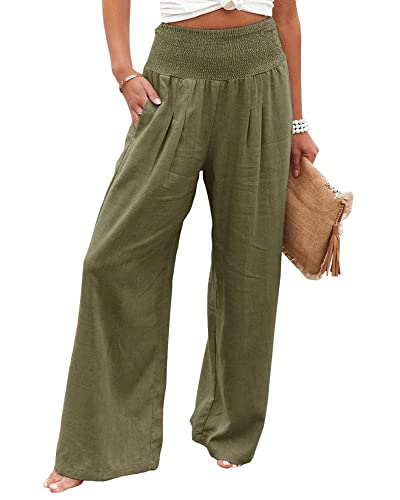 Wide Leg Pants Women High Waisted Cotton Linen Palazzo Lounge Long Pant Casual Business Office Bottoms with Pockets